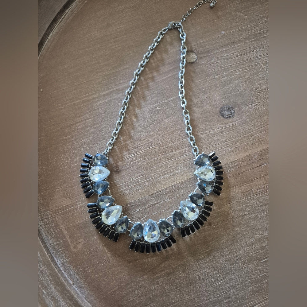 Silver Chain‎ Necklace with Clear Crystal and Black Accent Stones